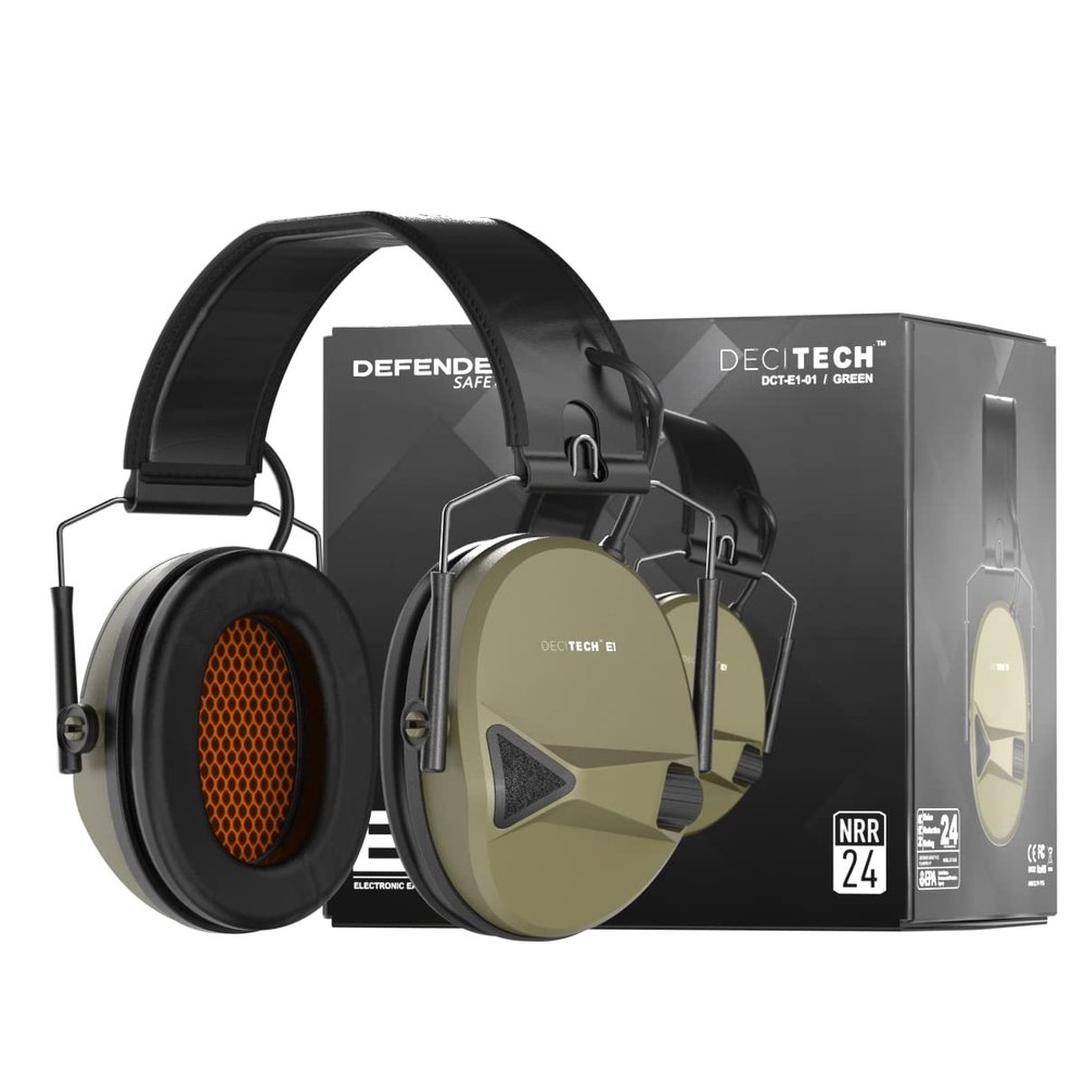 Defender Safety Decitech E1 Electronic Active Hearing Protection, Shooting, Range, Hunting, Tactical Earmuffs, 24 NNR Rated. (Olive Green)