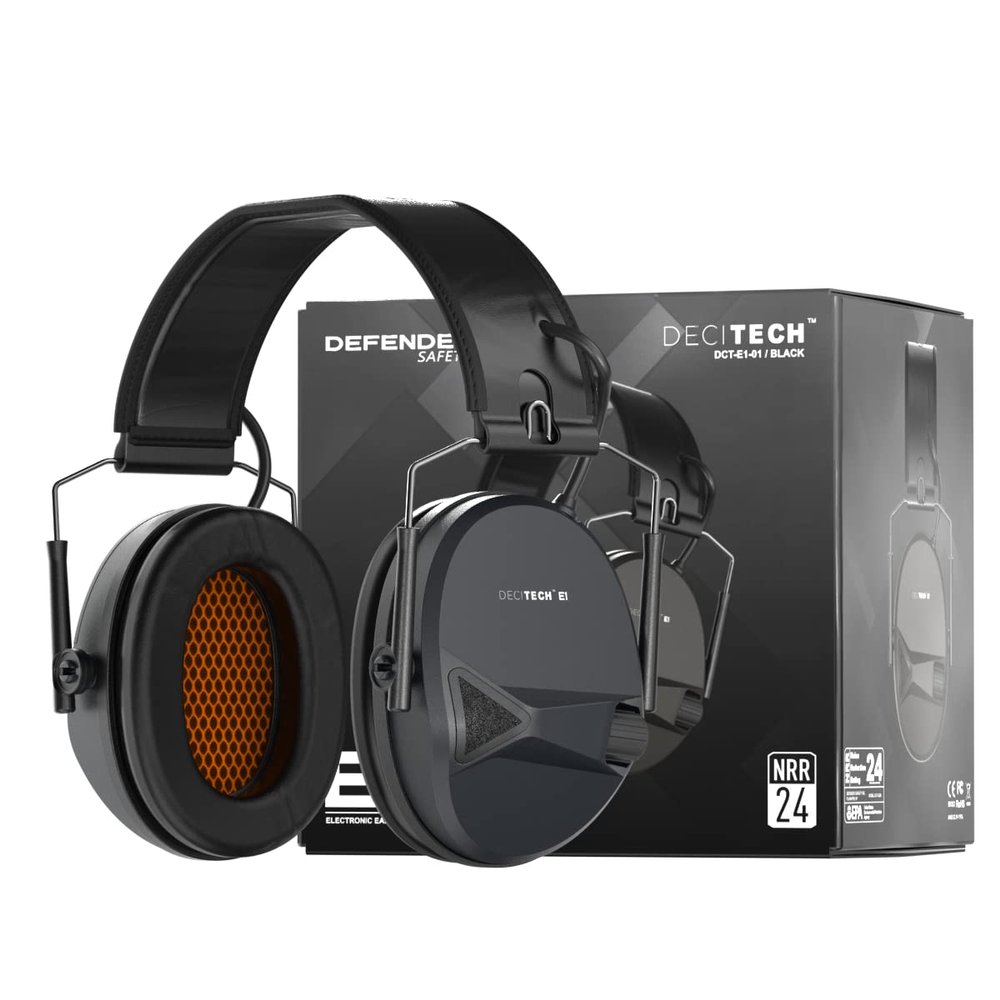 Defender Safety Decitech E1 Electronic Active Hearing Protection, Shooting, Range, Hunting, Tactical Earmuffs, 24 NNR Rated. (Black)
