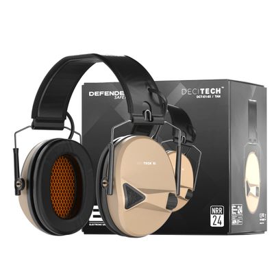 Defender Safety Decitech E1 Electronic Active Hearing Protection, Shooting, Range, Hunting, Tactical Earmuffs, 24 NNR Rated. (Tan)