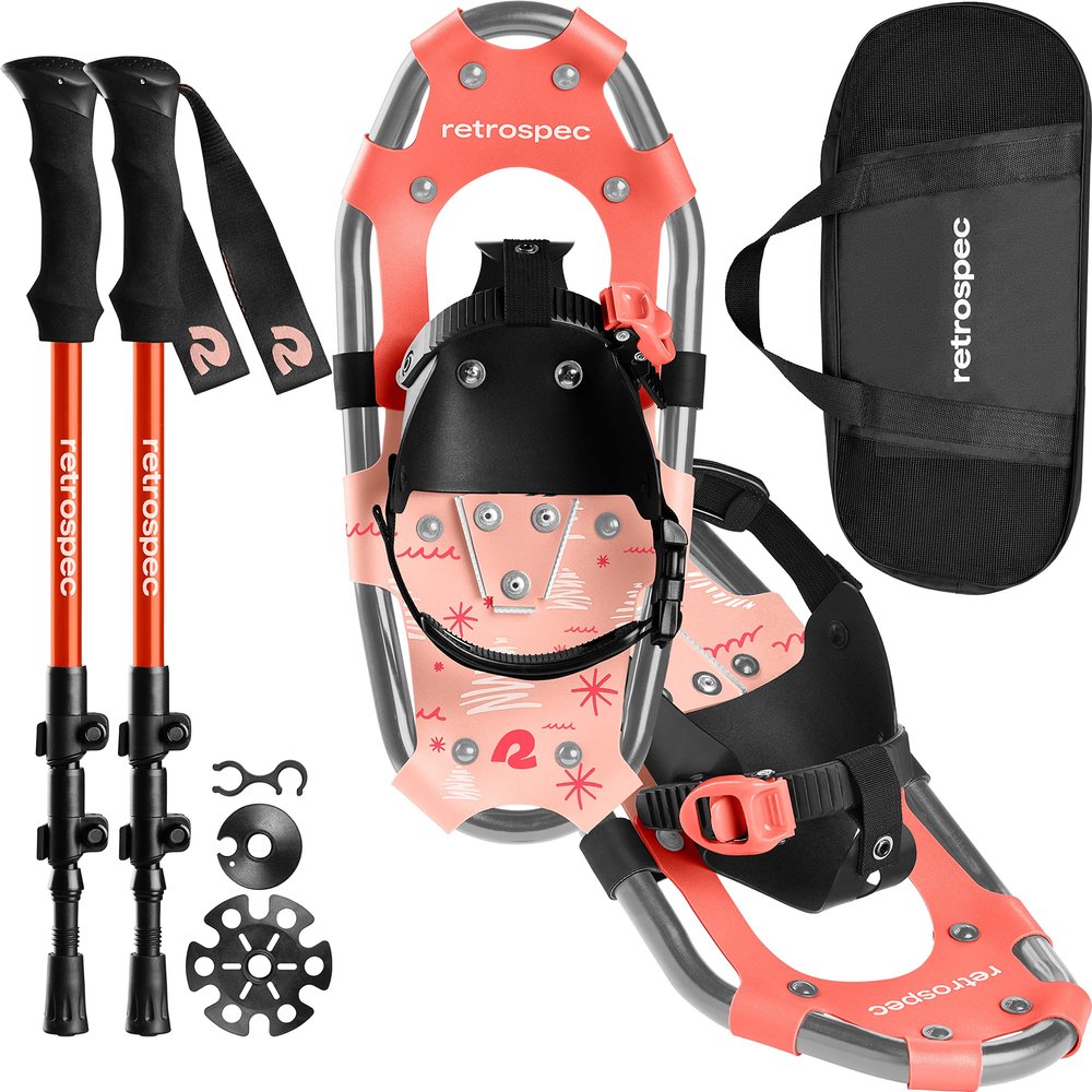 Retrospec Drifter Kids Snowshoes Bundle with Adjustable Trekking Poles - Lightweight Aluminum Hiking Sticks Collapsible for Boys & Girls All Terrain - Walking Sticks with Carrying Bag