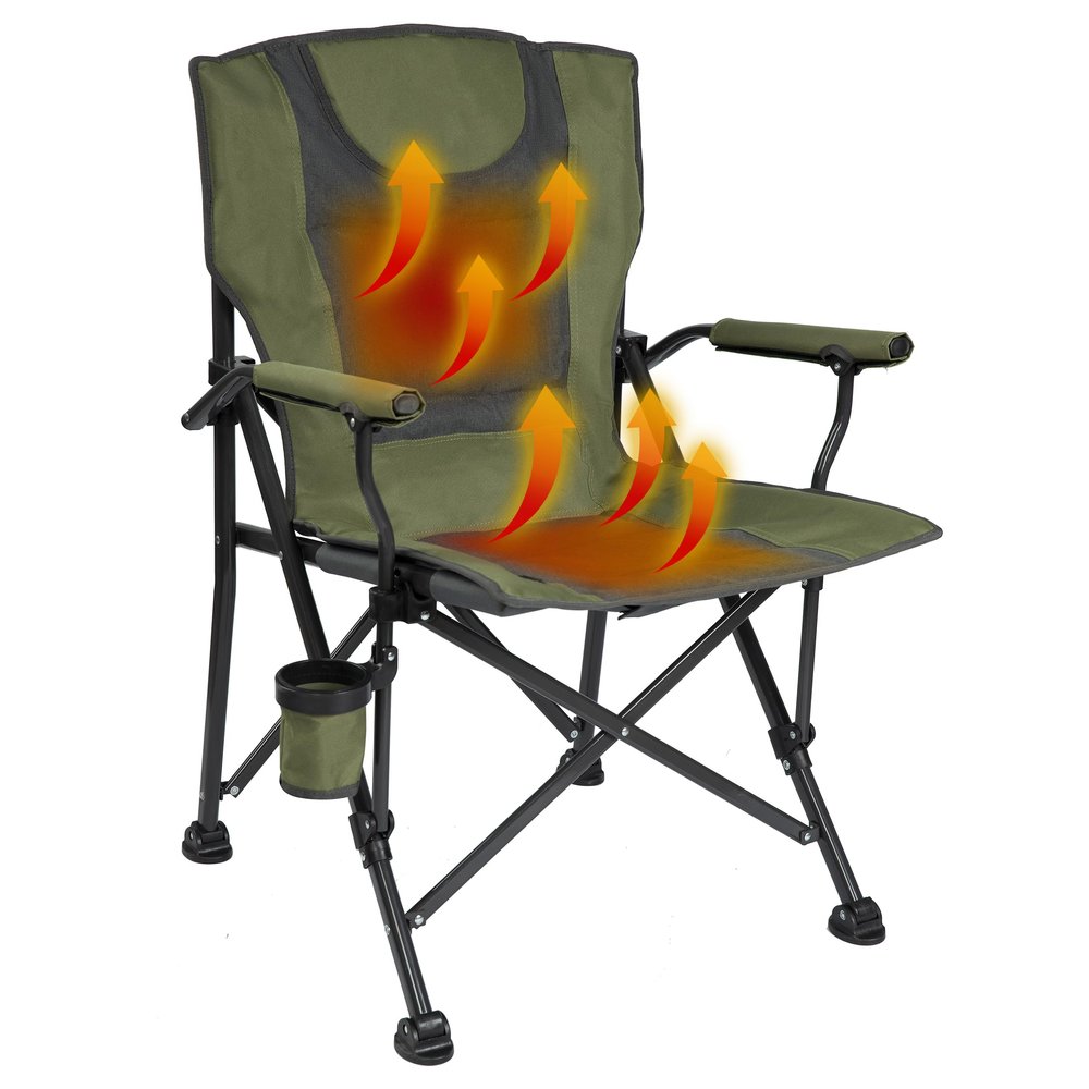 Backyard Expressions Luxury Heated Portable Camp Chair - Green/Grey - Great for Camping, Sports and The Beach
