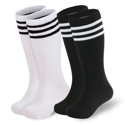 American Trends Kids Soccer Socks Toddler Knee High Tube Socks for Boys Girls School Uniform Striped Long Sports Athletic 2 Pack Black White Black 3-6 Years