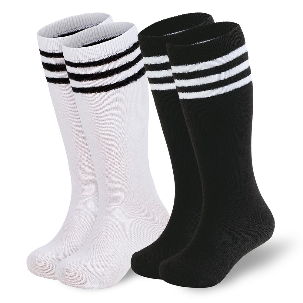American Trends Kids Soccer Socks Toddler Knee High Tube Socks for Boys Girls School Uniform Striped Long Sports Athletic 2 Pack Black White Black 3-6 Years