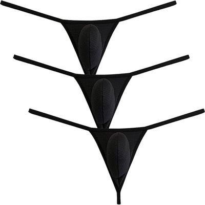 Botmois Men's Micro Bikini Thong Pouch Enhancing Lingerie Breathable G-String Underwear Skimpy Tangas 3-Pack(Black) M