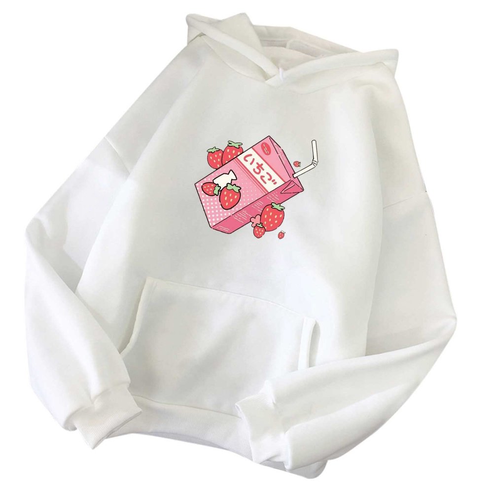 tuduoms Pullover Sweatshirts for Women Cute Strawberry Milk Print Aesthetic Hoodie Casual Shirt Top Teen Girls Kawaii Clothes