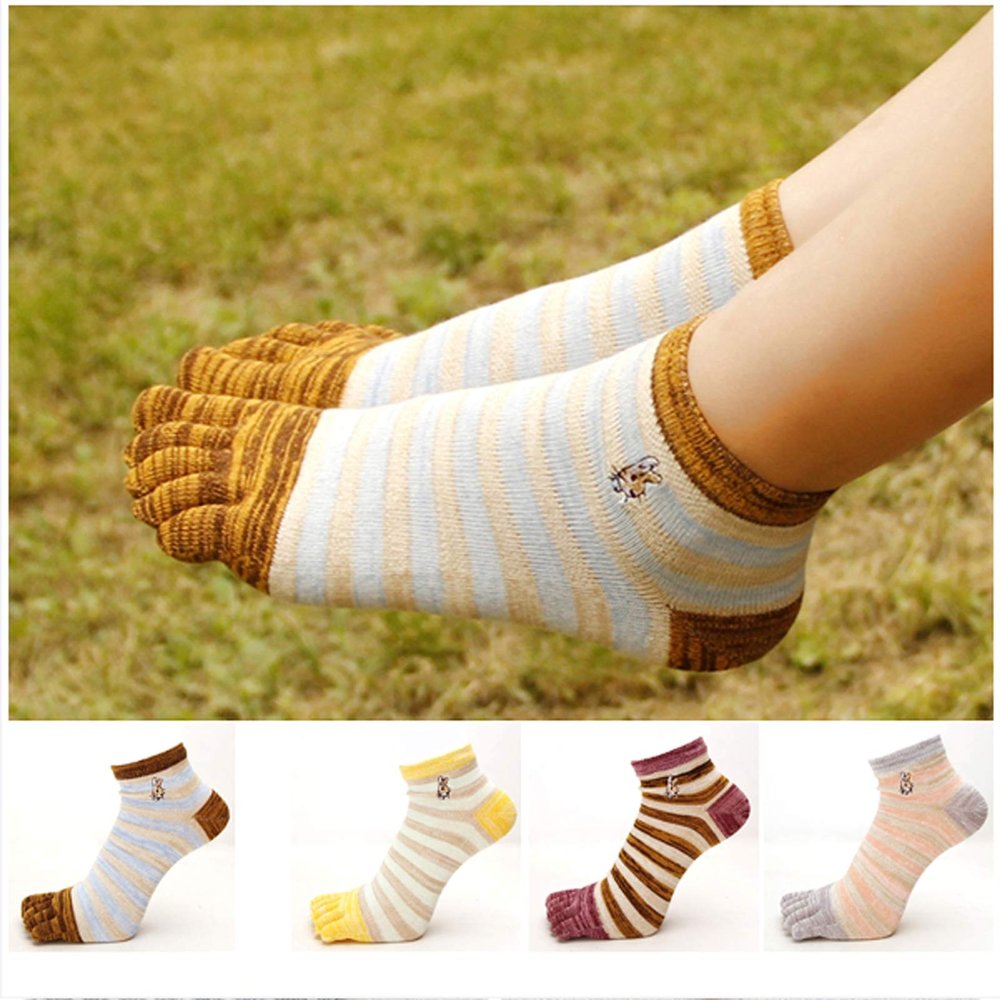 NENGGE Five Toe Socks Toe Separated Cotton Socks Colorful Stripe Socks for Women Cute Cat Dog Five Finger Sock 5 Pairs,E