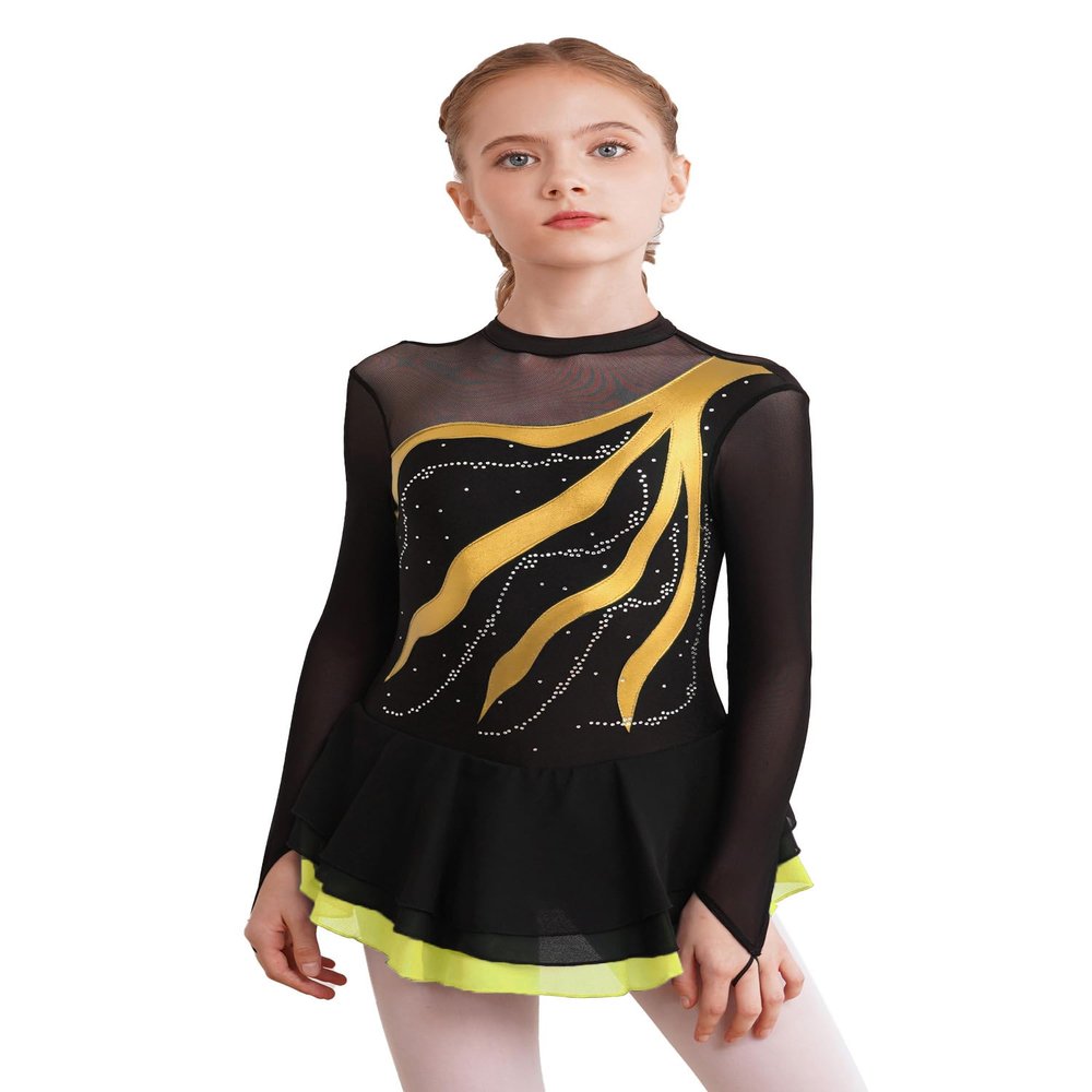 Aislor Girls Mesh Splice Figure Ice Skating Dress Long Sleeves Ballet Dance Gymnastics Leotards Tutu Dress Dancewear Yellow 10 Years
