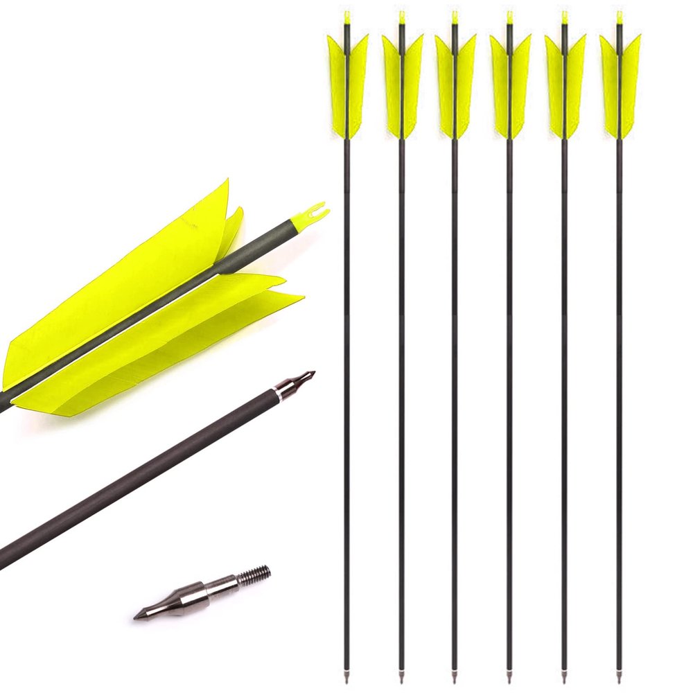 Lamehfyo 31" Carbon Arrows Target Flu-Flu Arrows Spine 500 Hunting and Target Practice Arrows with 4pcs Turkey Feathers for Small Game Hunting Shooting (Yellow, 12pcs)