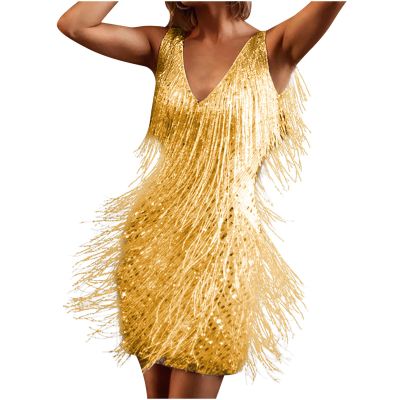 Ruziyoog Fashion Dress for Women Elegant Tassels Sequin Fringe Flapper Dresses Sexy Spaghetti Straps Mini Dancewear Dress