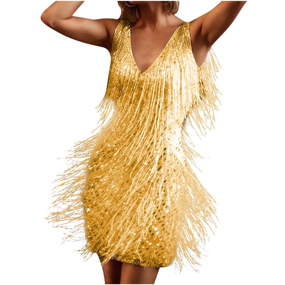 Ruziyoog Fashion Dress for Women Elegant Tassels Sequin Fringe Flapper Dresses Sexy Spaghetti Straps Mini Dancewear Dress