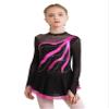 Aislor Girls Mesh Splice Figure Ice Skating Dress Long Sleeves Ballet Dance Gymnastics Leotards Tutu Dress Dancewear Hot Pink 6 Years view 1