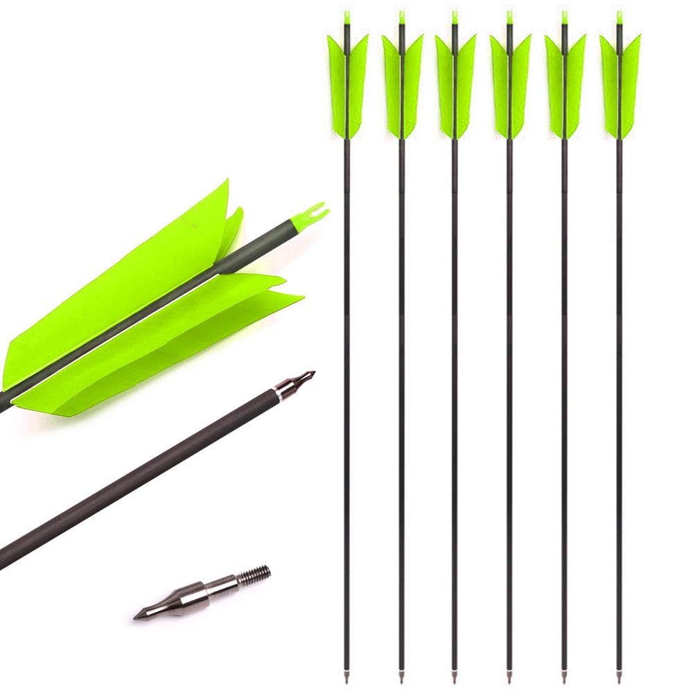 Lamehfyo 31" Carbon Arrows Target Flu-Flu Arrows Spine 500 Hunting and Target Practice Arrows with 4pcs Turkey Feathers for Small Game Hunting Shooting (Green, 12pcs)