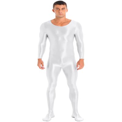 Yihuimin Men's Shiny Glossy Long Sleeve Unitard Full Bodysuit Leotard Jumpsuit Halloween Zentai Suit White X-Large