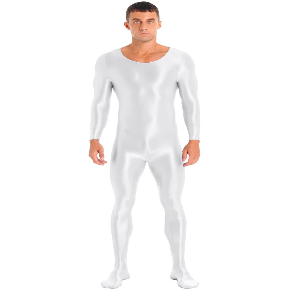 Yihuimin Men's Shiny Glossy Long Sleeve Unitard Full Bodysuit Leotard Jumpsuit Halloween Zentai Suit White X-Large