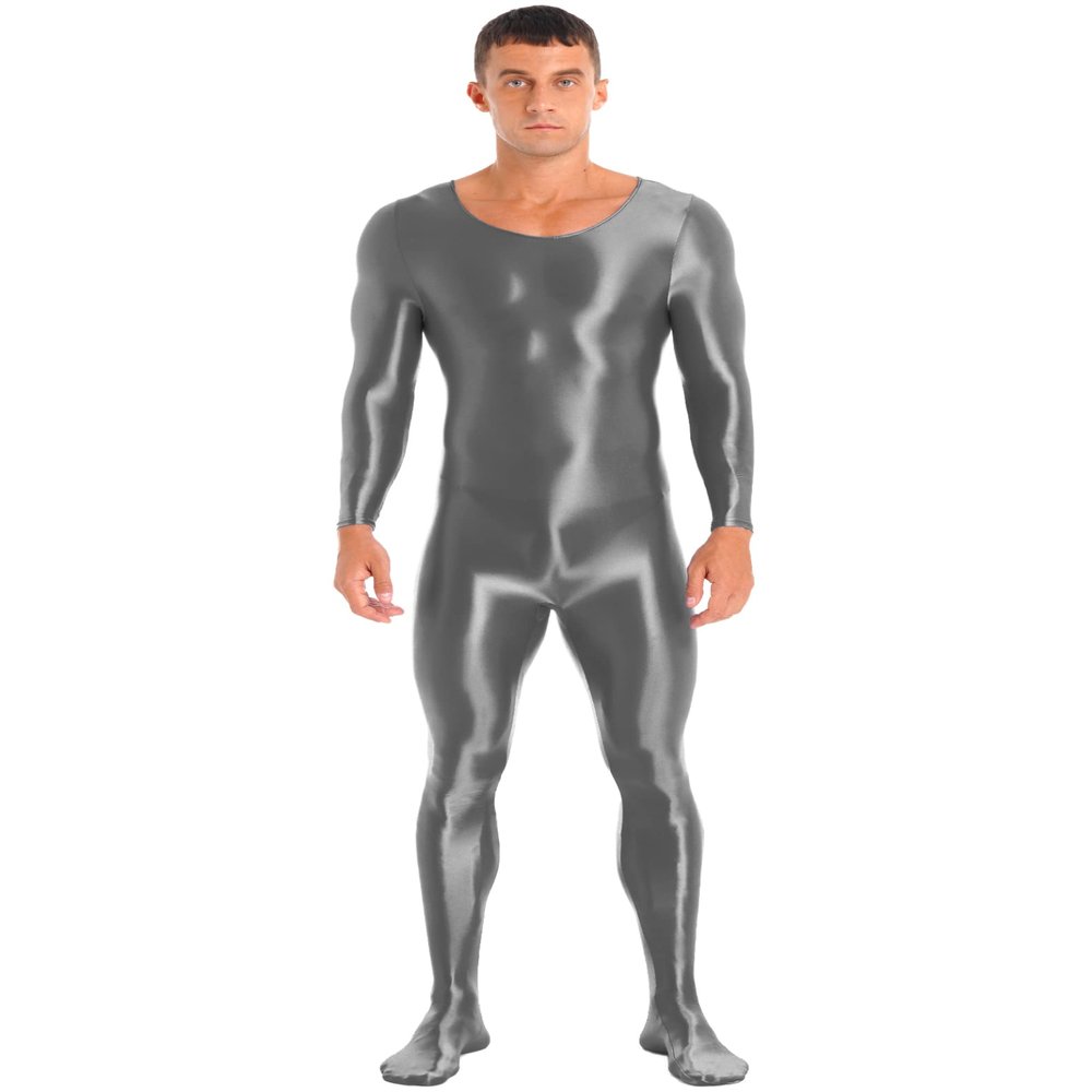 Yihuimin Men's Shiny Glossy Long Sleeve Unitard Full Bodysuit Leotard Jumpsuit Halloween Zentai Suit Grey X-Large