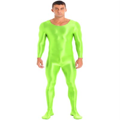 Yihuimin Men's Shiny Glossy Long Sleeve Unitard Full Bodysuit Leotard Jumpsuit Halloween Zentai Suit Green X-Large