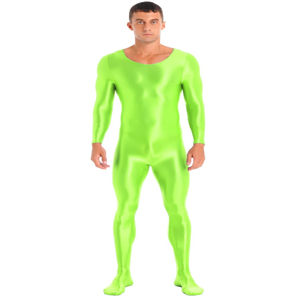 Yihuimin Men's Shiny Glossy Long Sleeve Unitard Full Bodysuit Leotard Jumpsuit Halloween Zentai Suit Green X-Large