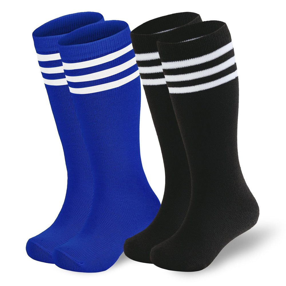 American Trends Kids Soccer Socks Toddler Knee High Tube Socks for Boys Girls School Uniform Striped Long Sports Athletic 2 Pack Blue Black White 3-6 Years