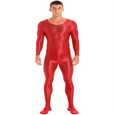 Yihuimin Men's Shiny Glossy Long Sleeve Unitard Full Bodysuit Leotard Jumpsuit Halloween Zentai Suit Red X-Large