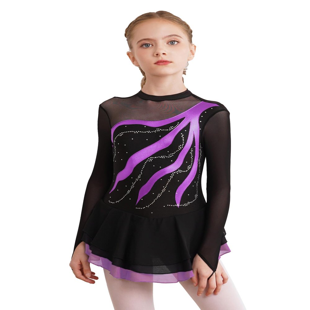 Aislor Girls Mesh Splice Figure Ice Skating Dress Long Sleeves Ballet Dance Gymnastics Leotards Tutu Dress Dancewear Purple 16 Years