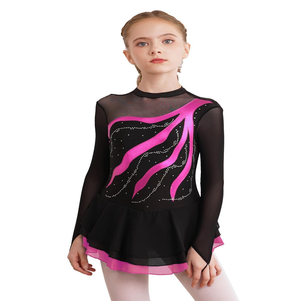 Aislor Girls Mesh Splice Figure Ice Skating Dress Long Sleeves Ballet Dance Gymnastics Leotards Tutu Dress Dancewear Hot Pink 16 Years