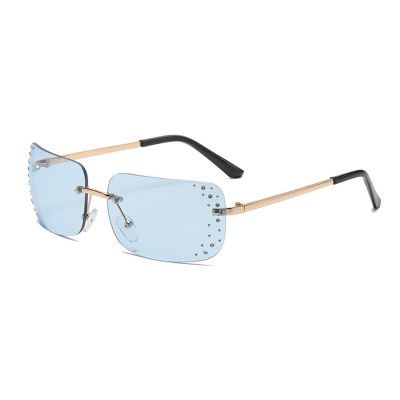 laureles Vintage Rimless Sunglasses Women Rectangle Frameless Rhinestones Square Sun Glasses Men (Blue)