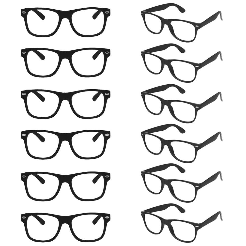 SUNOVELTIES 12 Pack Black Pretend Play Glasses Bulk, Boys Girls Birthday Party Favors No Lens Frame Fake Glasses