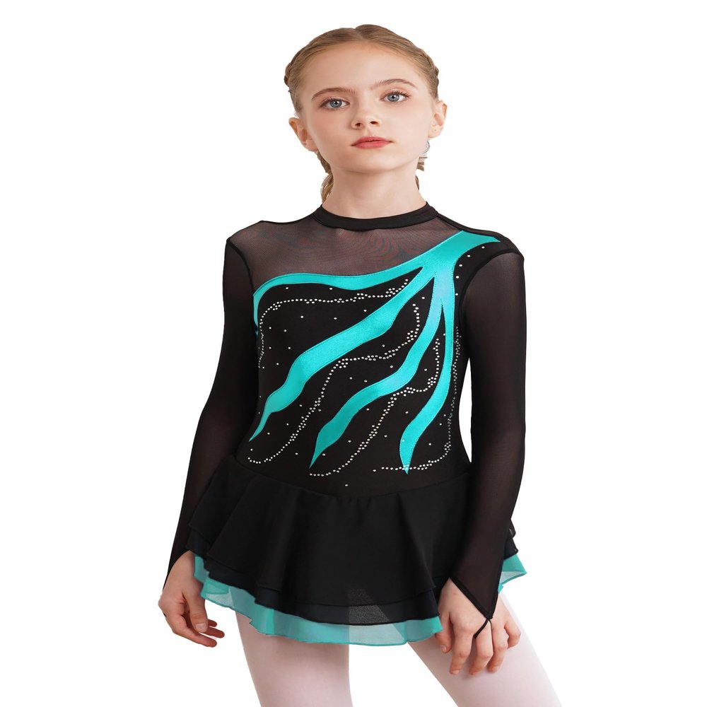 Aislor Girls Mesh Splice Figure Ice Skating Dress Long Sleeves Ballet Dance Gymnastics Leotards Tutu Dress Dancewear Lake Green 16 Years