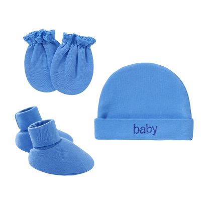 Newborn Baby Beanie Mittens Socks Set Infant Cotton No Scratch Mittens Beanie Caps for 0-6 Months Blue