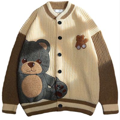 ebossy Womens Cute Bear Embroidery Knit Cardigans Casual Loose Button Down Drape Long Sleeve Varsity Sweater Jacket (2XL, Apricot)