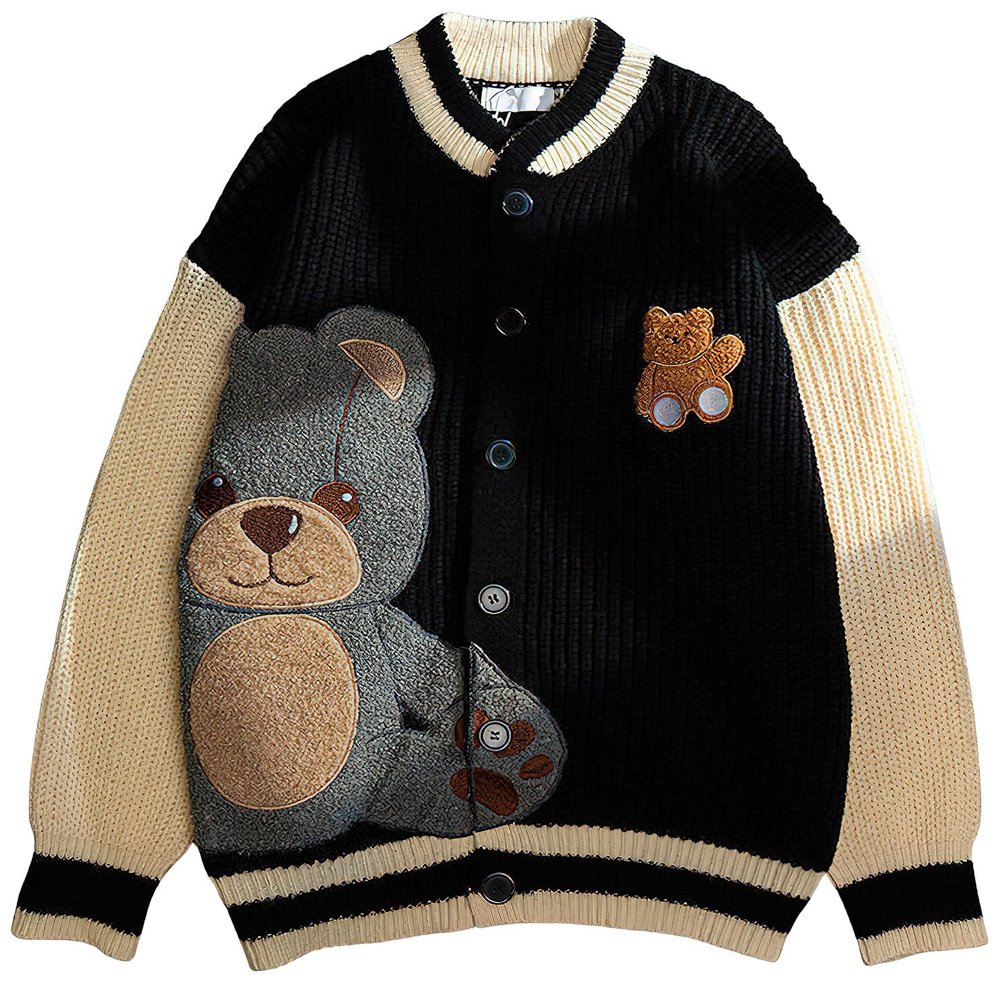 ebossy Womens Cute Bear Embroidery Knit Cardigans Casual Loose Button Down Drape Long Sleeve Varsity Sweater Jacket (L, Black)
