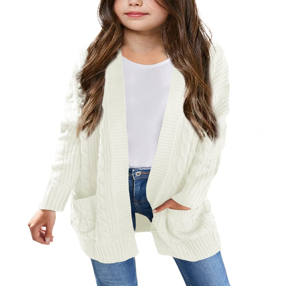 Batermoon Girls' Cardigan Sweaters Kids Cable Knit Casual Oversized Open Front Knitted Outerwear with Pocket White