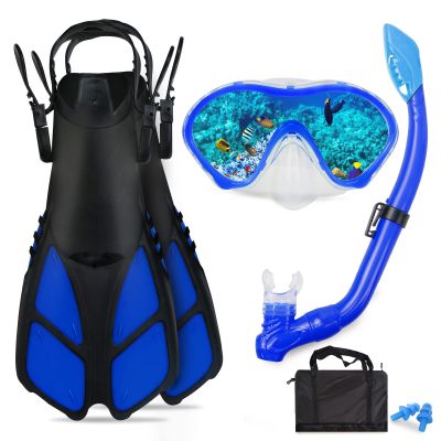 AosDero Kids Snorkeling Set with Flippers Panoramic Snorkel Mask Dry Top Snorkel Earplugs Gear Bag,Snorkeling Gear for Kids,Youth,Boys and Girls Age 5-12