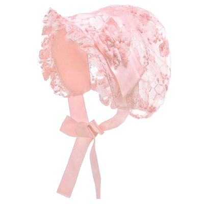 YONGHS Baby Girls Lace Bonnet Toddler Princess Ruffle Christening Bonnet Cap Infant Lacy Beanie Pink One Size