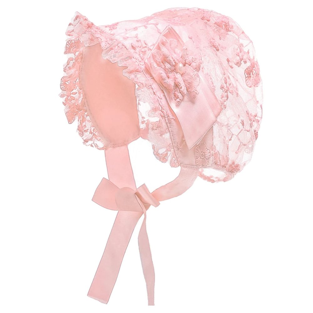 YONGHS Baby Girls Lace Bonnet Toddler Princess Ruffle Christening Bonnet Cap Infant Lacy Beanie Pink One Size