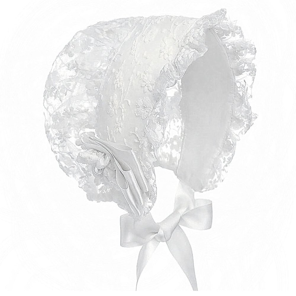 renvena Baby Girls Lacy Bonnet Lace Satin Christening Bonnet Cap Toddler Beanie Sun Protection Hat White One Size