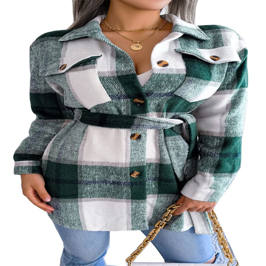 Womens Casual Flannel Plaid Button Down Jacket Long Sleeve Lapel Shacket Jackets Outwear Coat with Belt Green