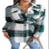Womens Casual Flannel Plaid Button Down Jacket Long Sleeve Lapel Shacket Jackets Outwear Coat with Belt Green view 1