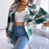 Womens Casual Flannel Plaid Button Down Jacket Long Sleeve Lapel Shacket Jackets Outwear Coat with Belt Green view 3