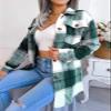 Womens Casual Flannel Plaid Button Down Jacket Long Sleeve Lapel Shacket Jackets Outwear Coat with Belt Green view 4