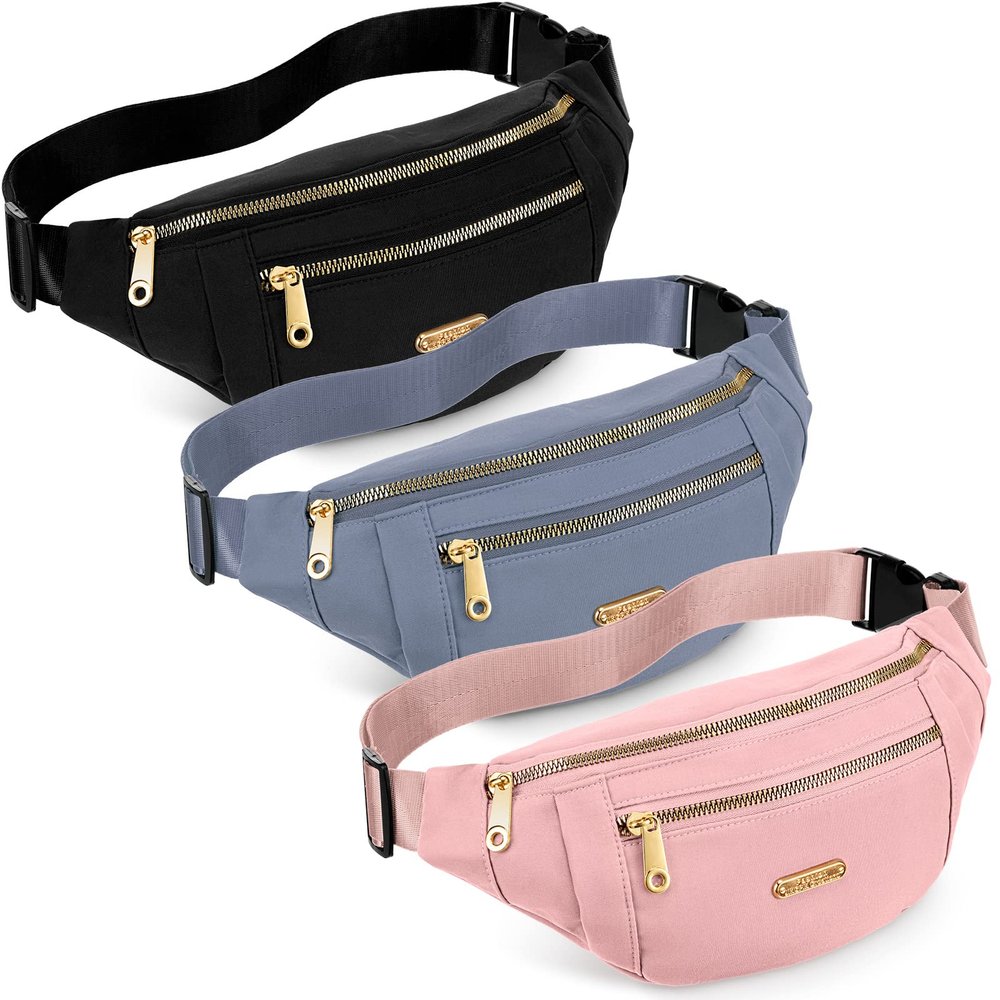 3 Pcs Waterproof Fanny Packs for Women and Men Waist Pack with Adjustable Strap Waist Pouch for Sports Running Exercise Walking Travel (Black, Blue, Pink)