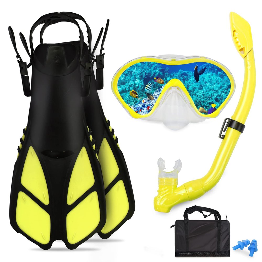 AosDero Kids Snorkeling Set with Flippers Panoramic Snorkel Mask Dry Top Snorkel Earplugs Gear Bag,Snorkeling Gear for Kids,Youth,Boys and Girls Age 5-12