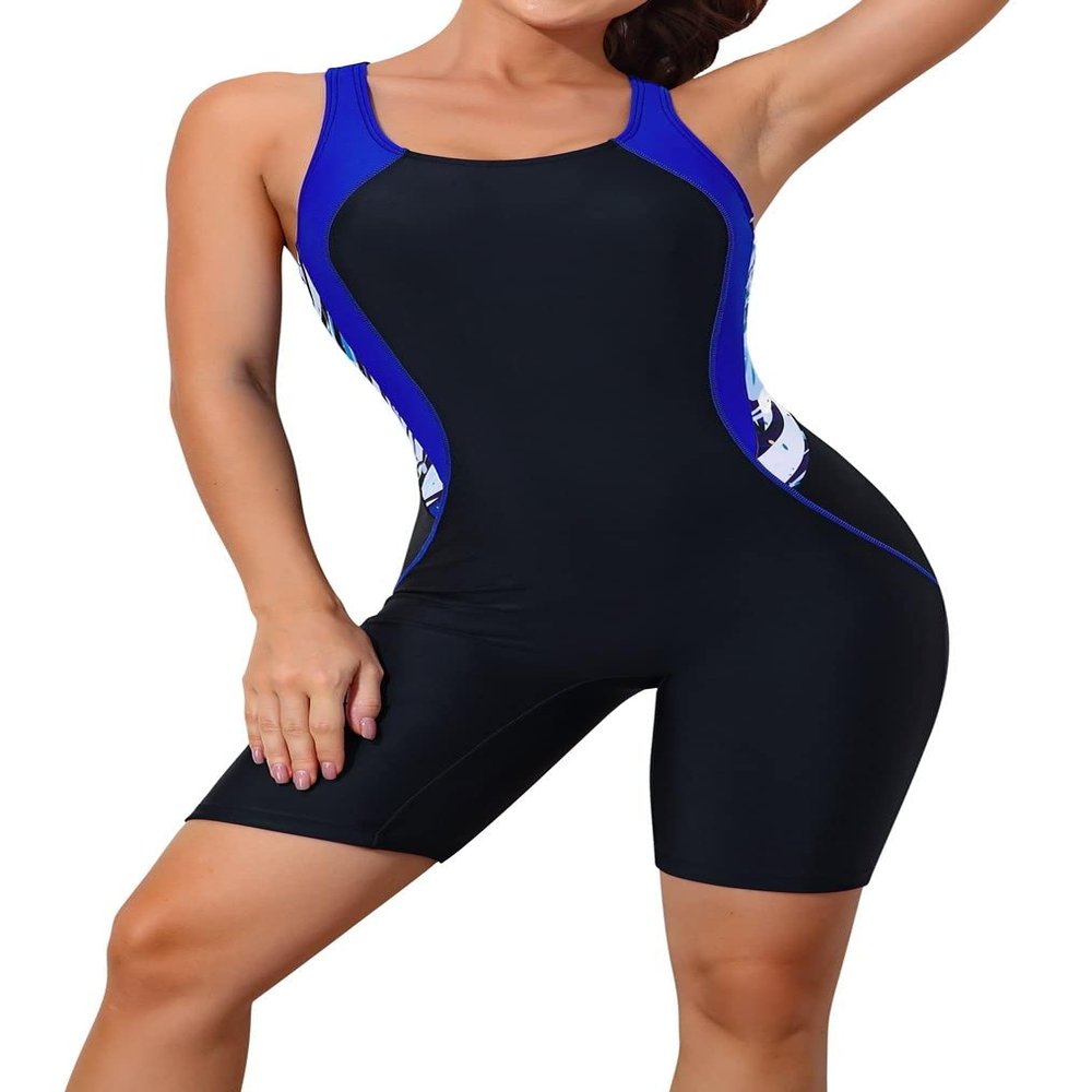 beautyin Women Kneeskin Sports Boyleg Racerback One Piece Training Lap Swimsuit Blue Print