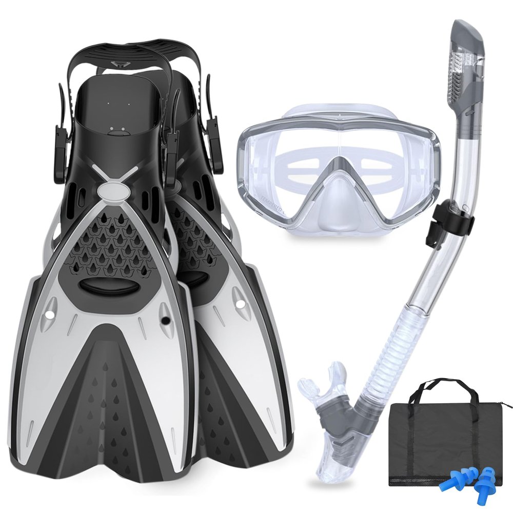 AosDero Mask Fins Snorkeling Gear for Adults Men Women, Panoramic View Diving Mask, Anti-Fog Dry Top Snorkel, Adjustable Freediving Swimming Fins/Flippers, Travel Bags for Lap Swimming