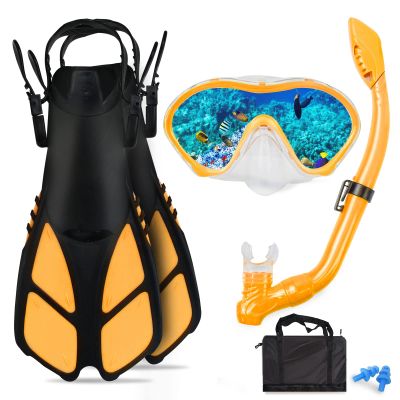 AosDero Kids Snorkeling Set with Flippers Panoramic Snorkel Mask Dry Top Snorkel Earplugs Gear Bag,Snorkeling Gear for Kids,Youth,Boys and Girls Age 5-12