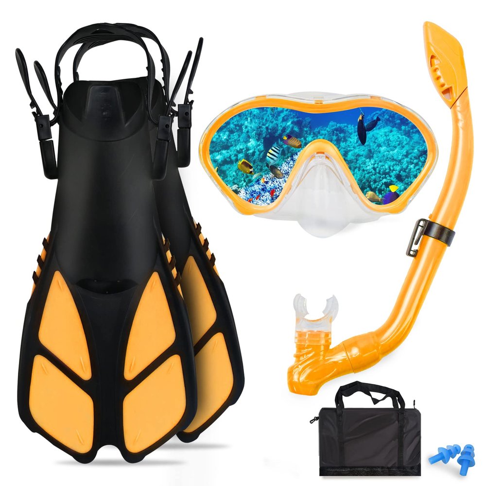 AosDero Kids Snorkeling Set with Flippers Panoramic Snorkel Mask Dry Top Snorkel Earplugs Gear Bag,Snorkeling Gear for Kids,Youth,Boys and Girls Age 5-12