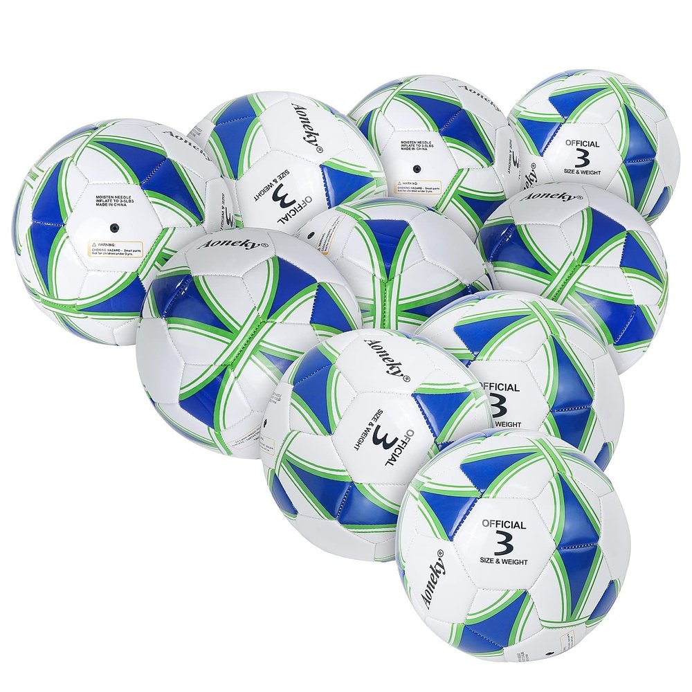 Aoneky 10-Pack Size 3 Soccer Ball - Eco-Friendly 2.5mm PVC Leather, Durable Machine-Stitched Design, Ball Pump Included