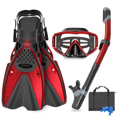 AosDero Mask Fins Snorkeling Gear for Adults Men Women, Panoramic View Diving Mask, Anti-Fog Dry Top Snorkel, Adjustable Freediving Swimming Fins/Flippers, Travel Bags for Lap Swimming