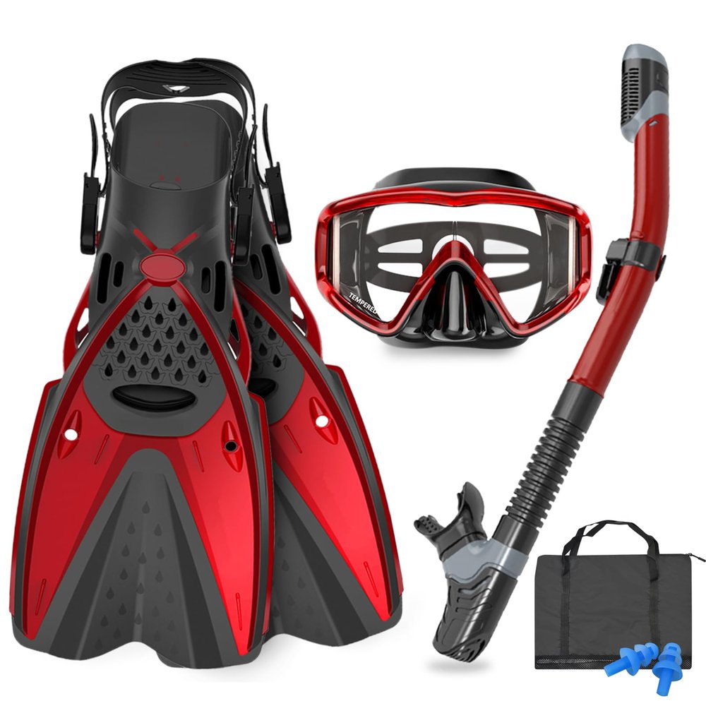 AosDero Mask Fins Snorkeling Gear for Adults Men Women, Panoramic View Diving Mask, Anti-Fog Dry Top Snorkel, Adjustable Freediving Swimming Fins/Flippers, Travel Bags for Lap Swimming