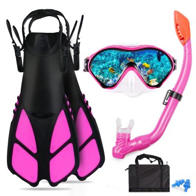 AosDero Kids Snorkeling Set with Flippers Panoramic Snorkel Mask Dry Top Snorkel Earplugs Gear Bag,Snorkeling Gear for Kids,Youth,Boys and Girls Age 5-12